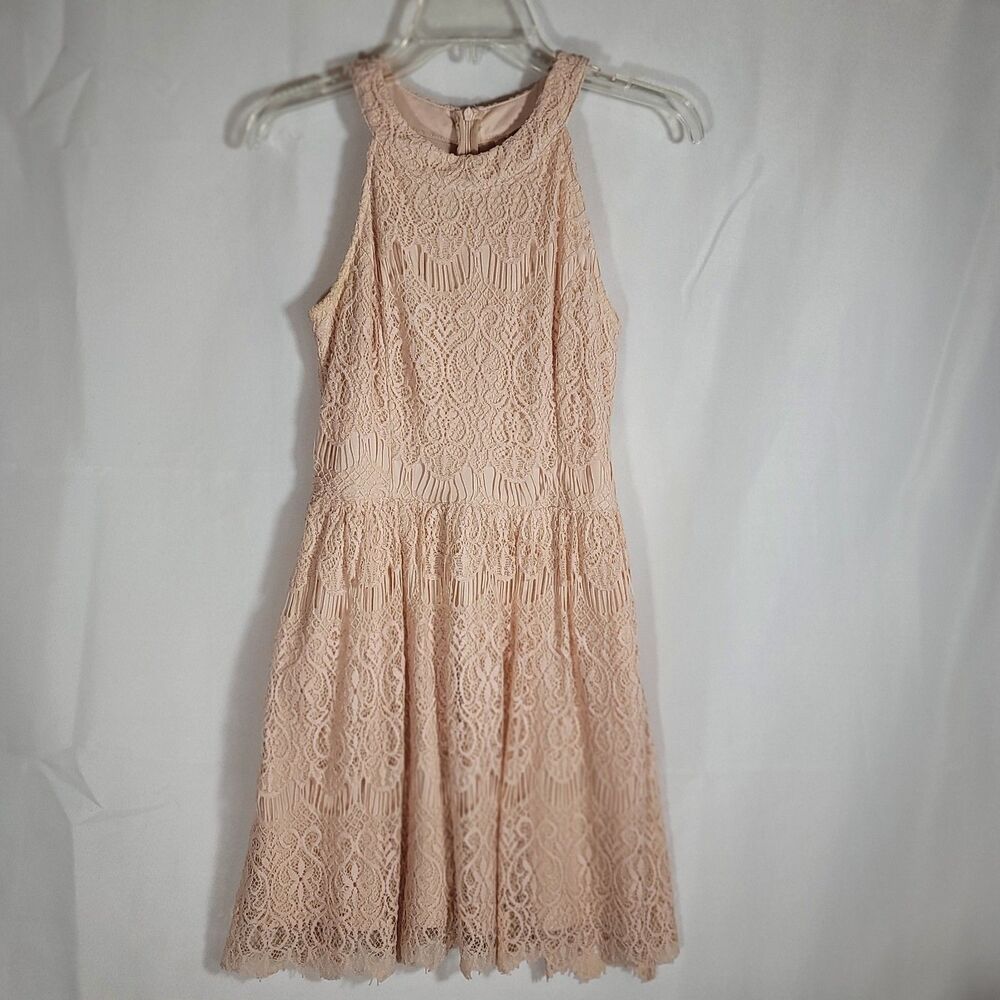 Pinky Crochet Overlay Pink/Peach Sleeveless Mini Dress Halter Neck Fit & Flare S